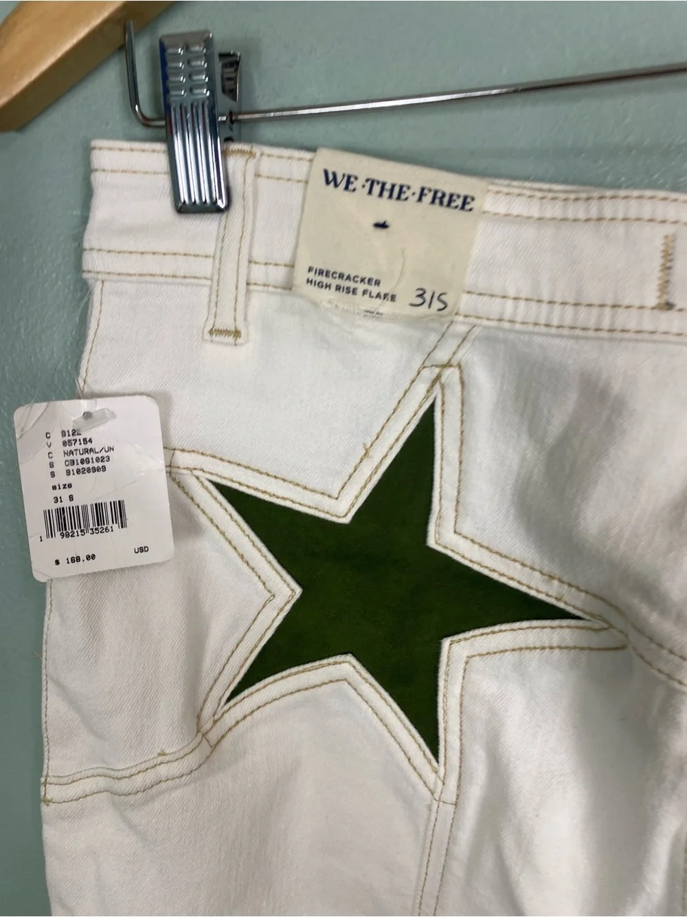 Free People Firecracker Jeans Star Green Ivory Flare 31 Short Petite